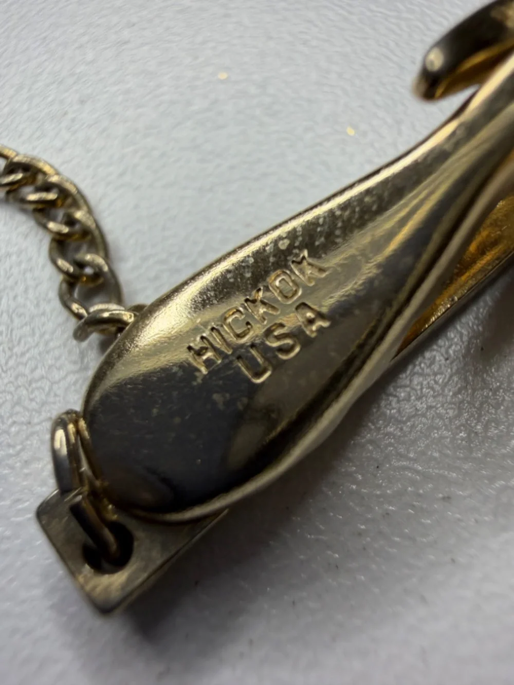 Vintage Gold Tone Hickok USA Tie Clip with Chain & Faux Pearl Drop 3.5